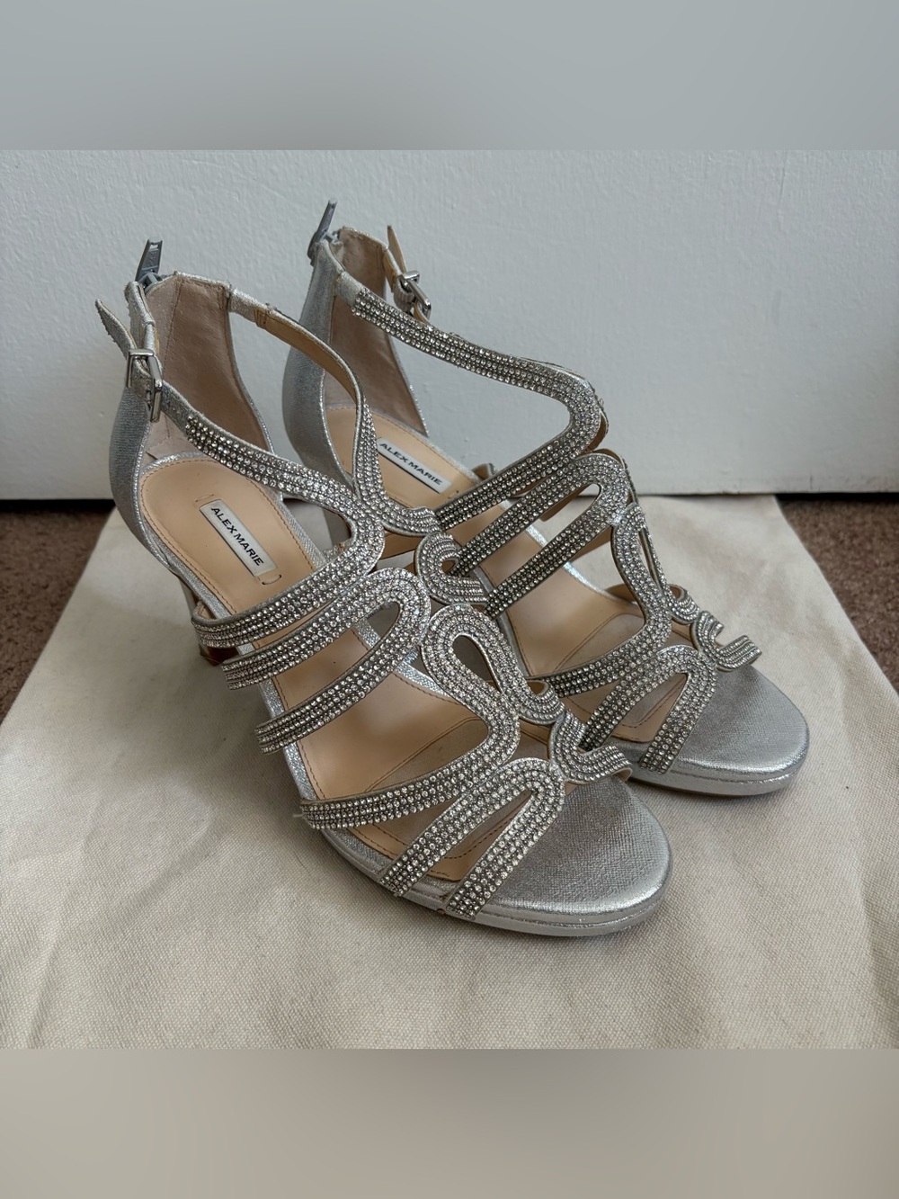 Alex Marie Silver Rhinestone Strappy Open Toe Zip Heels Womens US 8.5 W